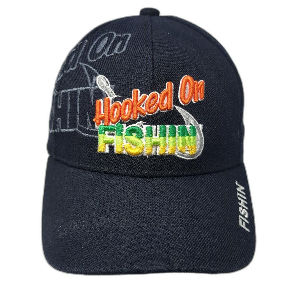 Hooked In Fishin Strapback Baseball Cap Blue OS Adjustable Embroidered Santo Cap
